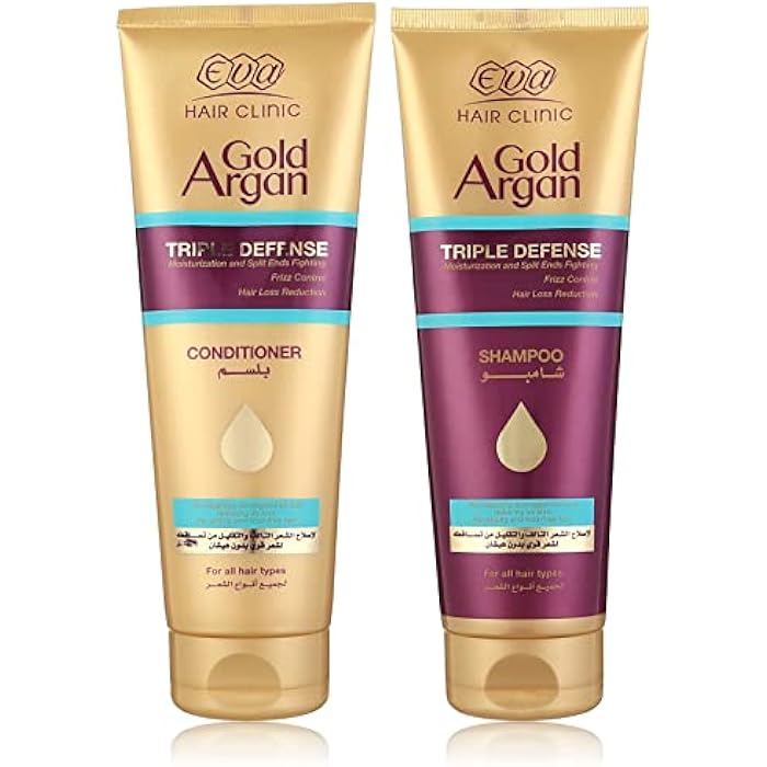 Eva Hair Clinic Gold Argan Heat Protectant 200ml, Conditioner 230ml Shampoo 230ml - Image 1